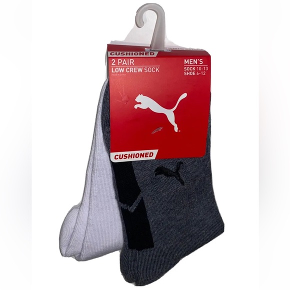 Puma Cushioned Low Crew Socks 2 Pair Mens 6-12 Gray White w/ Logo NEW Cushioned - Picture 1 of 8